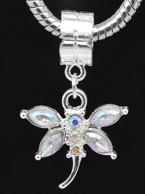 1 ชิ้น ตัวห้อย/จี้ โลหะเงินประดับพลอยRhinestone รูปแมลงปอ ขนาด 20x19mm