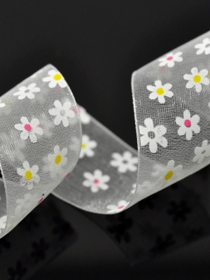 ริบบิ้นผ้าออแกนซ่าสีขาวลายดอกไม้ กว้าง 1 นิ้ว ยาว 2 หลา