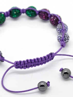 สร้อยข้อมือเชือกถักพลอย Rhinestone Polymer Clay สีขาวเขียวม่วง ขนาด 21cm-25cm(8-10 นิ้ว). ปรับความยาวได้ 1 เส้น