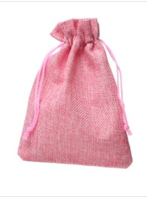 ถุงผ้าทอกระสอบ (Burlap) สำหรับใส่เครื่องประดับมีสายรูดรัดปากถุง 13.5x10cm แพ็ค 10 ใบ สีชมพู