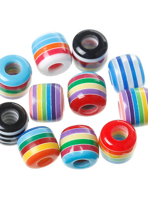 ลูกปัดยุโรป เรซิ่นทรงถังลายทาง คละสี ขนาด 12x11 มม. รู 5 มม. จำนวน 700 เม็ด (พรีออเดอร์ ส่งสินค้า 10-20 วันหลังชำระเงิน)