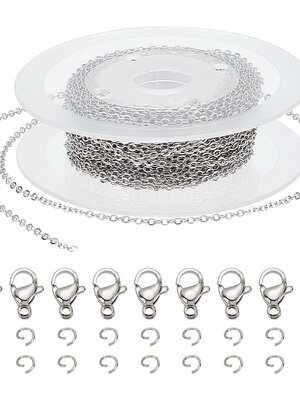 เซตโซ่สแตนเลส 2.5x2x0.5mm ยาว 10 เมตร ห่วงจั๊มพ์ริง 50 ชิ้น ก้ามปู 20 ชิ้น