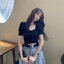 เสื้อครอปเด้งแขนสั้น คอยู ผ้าร่องยืด