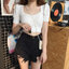 เสื้อครอปเด้งแขนสั้น คอยู ผ้าร่องยืด