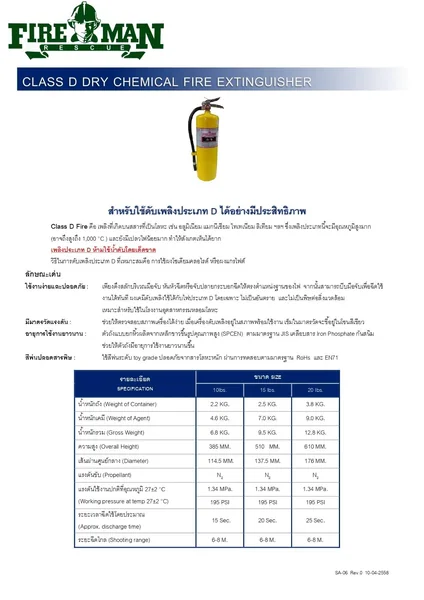 ถังดับเพลิงชนิดคลาส D ( Class D) แบรนด์ FIRE MAN ถังสีเหลือง image 2 ถังดับเพลิงชนิดคลาส D ( Class D) แบรนด์ FIRE MAN ถังสีเหลือง image 2
