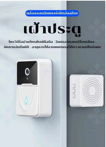 กล้องกระดิ่งประตูไร้สาย มีเลนส์กว้างและระบบ Night Vision เห็นผู้กดกริ่งชัดเจน เมื่อมีผู้กดกริ่ง ระบบจะแจ้งเตือนและจับภาพผู้กดกริ่งผ่านแอพ เจ้าบ้านสามารถเห็นผู้มากดกริ่ง และเจ้าบ้านสามารถพูดคุยสื่อสารกับผู้กดกริ่ง รวมถึงเปลี่ยนเสียงที่คุยได้ image 2