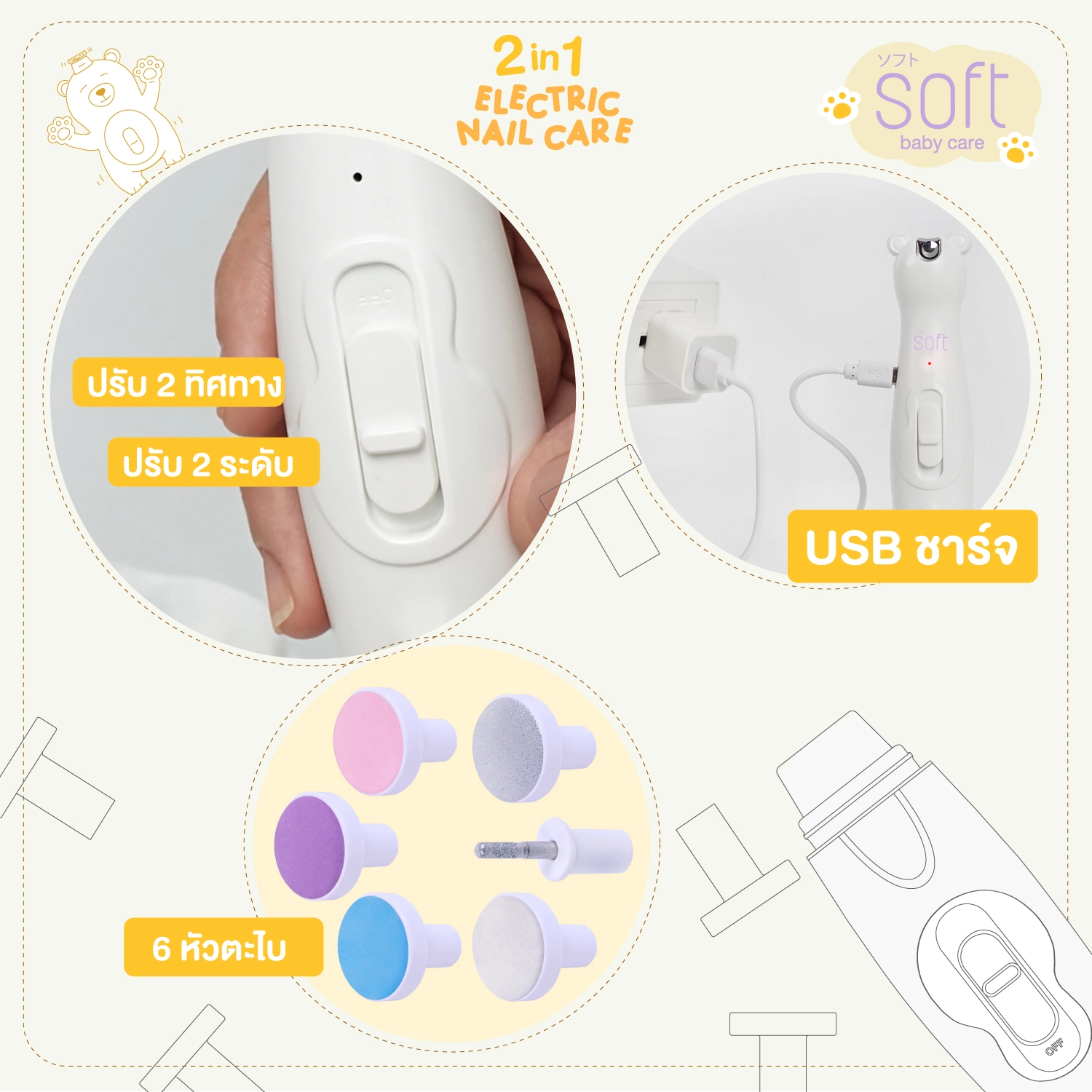 SOFT กรรไกรตัดเล็บและตะไบอัตโนมัติซอฟต์ 2 in 1 Electric Nail Care *รับประกันมอเตอร์ 1 ปี*