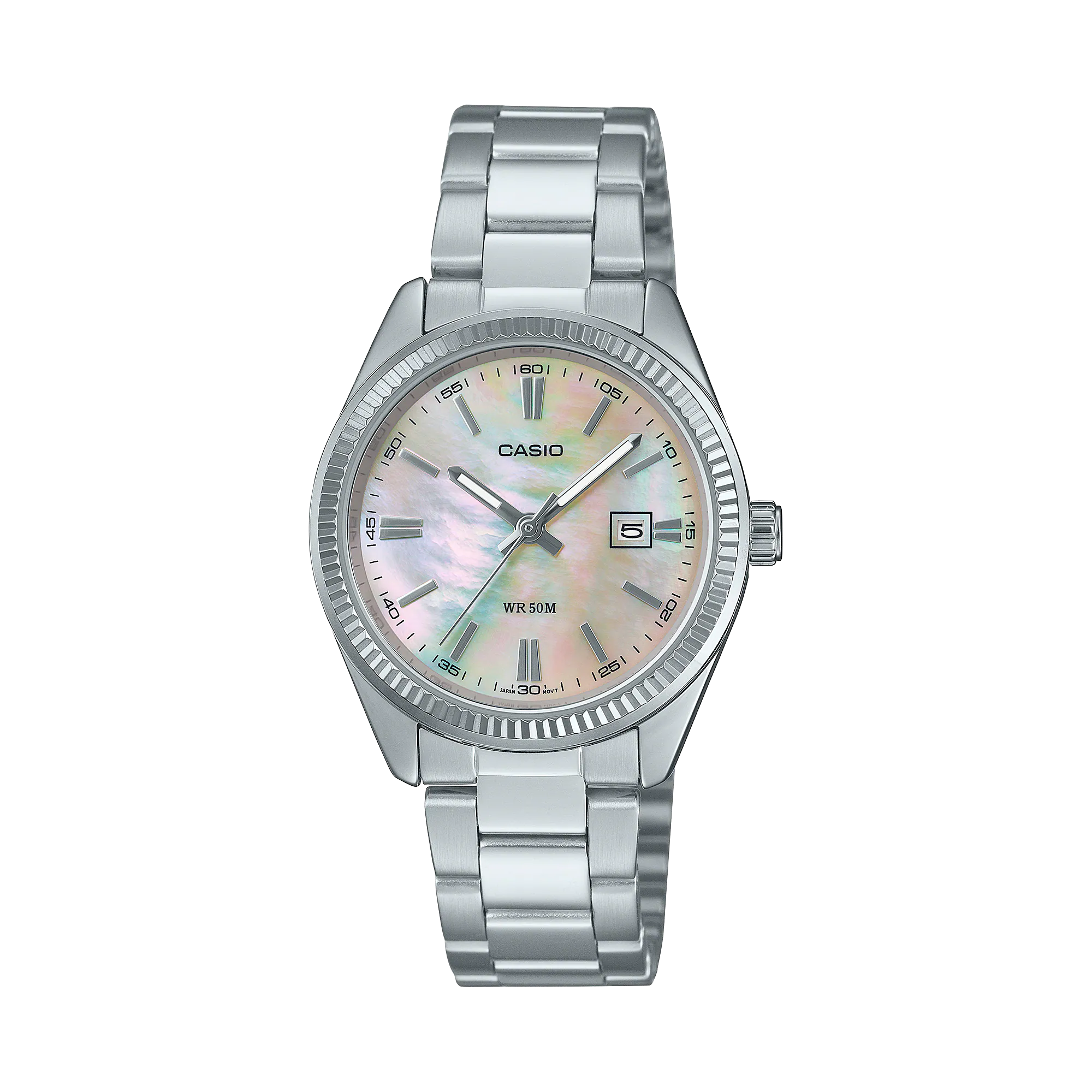 CASIO Standard รุ่น LTP-1302DS-7AVDF จอสีขาว เหลือบสีชมพู มุก สาย สีเงิน สายสแตนเลส สินค้าใหม่ ของแท้ รับประกันศูนย์ CMG