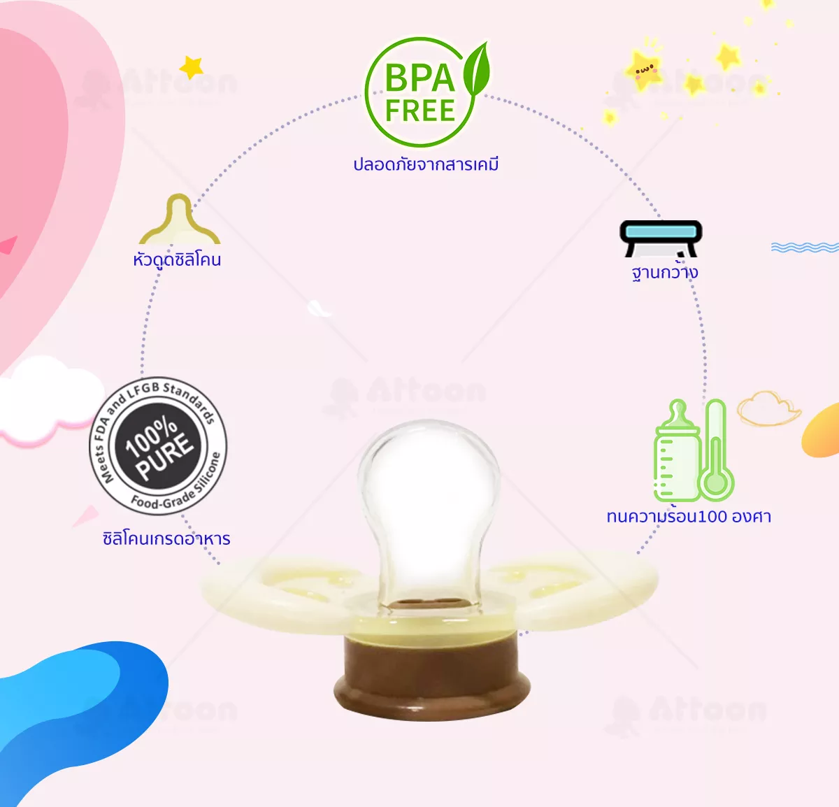 จุกหลอก ATTOON CENTER จุกหลอก จุกดุดเล่น แอทตูน จุกดูดเล่น จุกนมหลอกซิลิโคน จุกดูเล่นหัวแบน